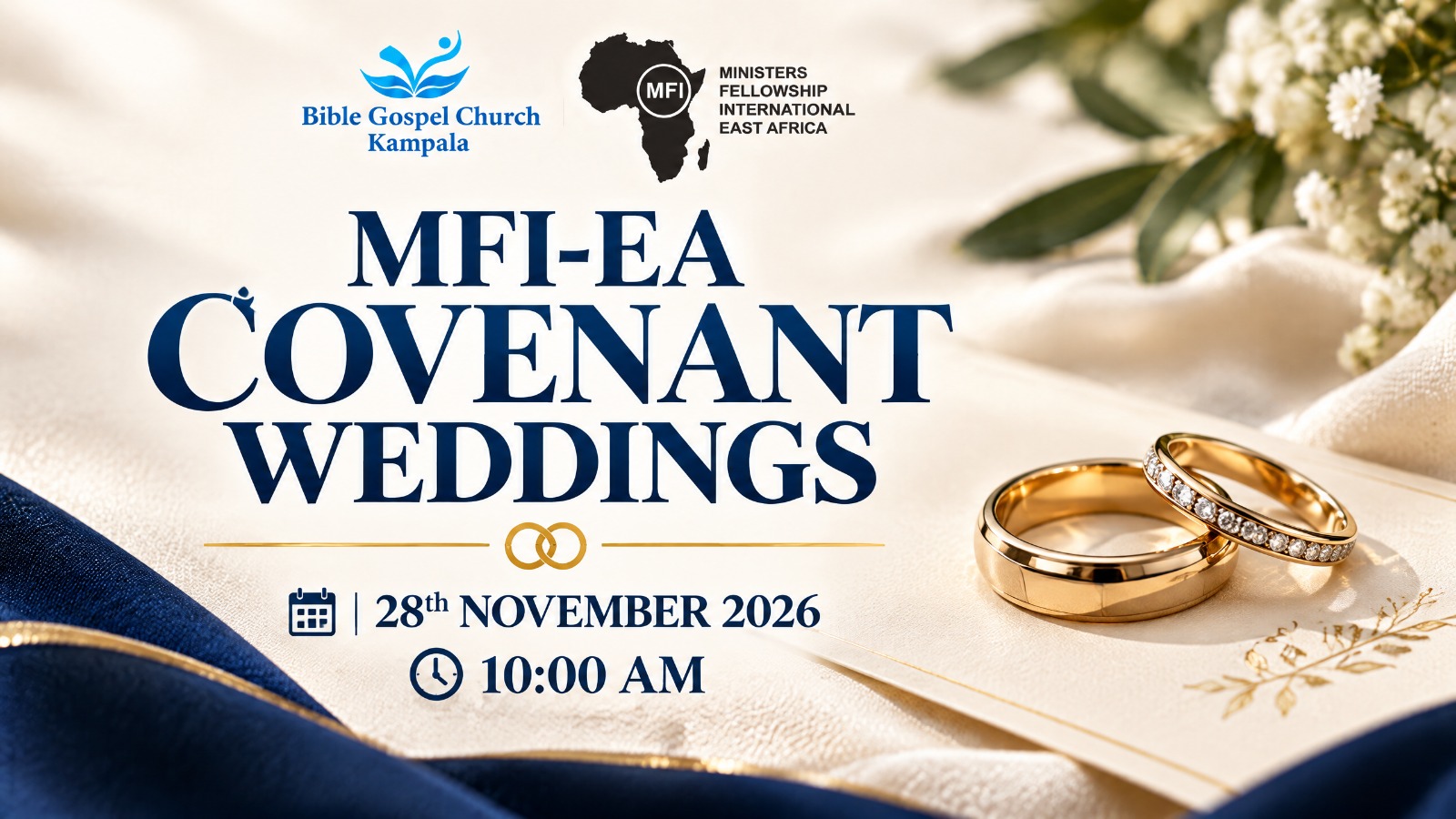 Flyer for the MFI-EA Covenant Weddings, hosted by Bible Gospel Church Kampala and Ministers Fellowship International East Africa, on 28th November 2026 at 10:00 AM.